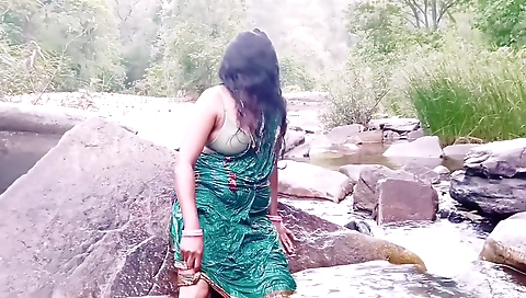 Telugu Sexy Silk Aunty Outdoor Waterfall Bathing, Telugu Dirty Talks