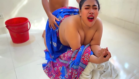While The Desi Stepmom Washes Bra & Panties, Stepmom Took Off The Stepsons Pants And Naked Him, Then Asks Him To Fuck Her - Cum