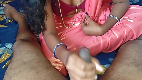 Indian Desi Hot Bhabhi In Pink Saree Giving Blowjob To Her Husband Friend In The Bedroom