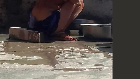 Desi Stepsister-in-law Is Taking A Bath In An Open Bathroom Near The Road On The Edge Of The Forest On The Farm