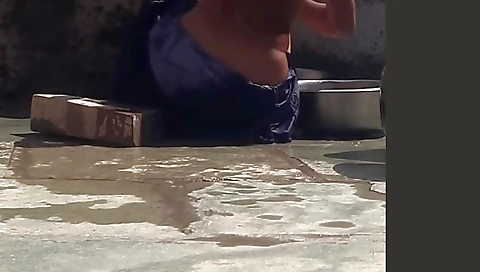 Desi Stepsister-in-law Is Taking A Bath In An Open Bathroom Near The Road On The Edge Of The Forest On The Farm