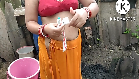 Indian House Wife Bathing Outside